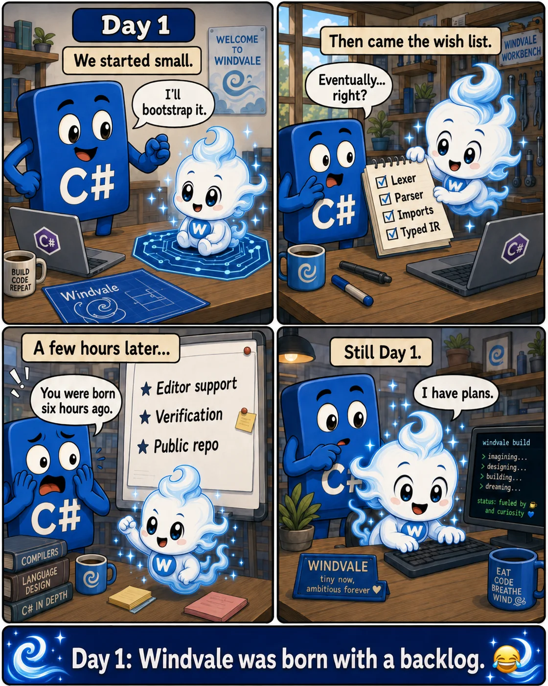 Four-panel Day 1 comic showing C# bootstrapping a young Windvale that immediately develops an ambitious backlog.