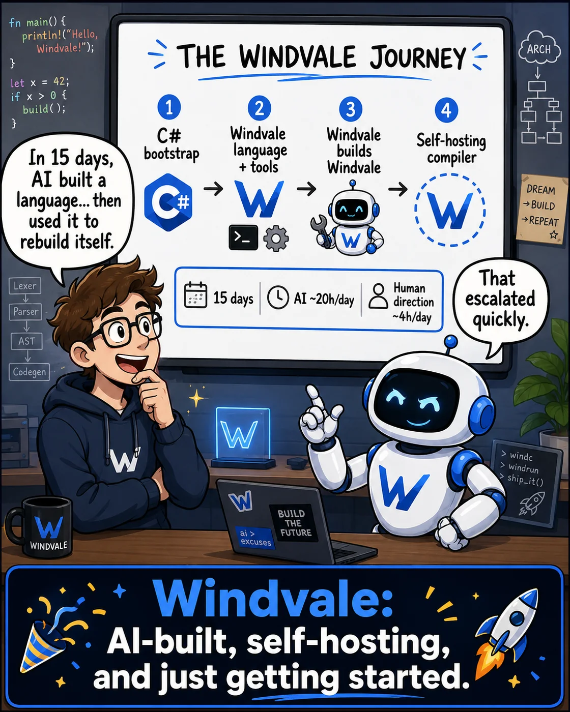 Illustrated Windvale journey from the C# bootstrap through the Windvale language and tools to a self-hosting compiler.