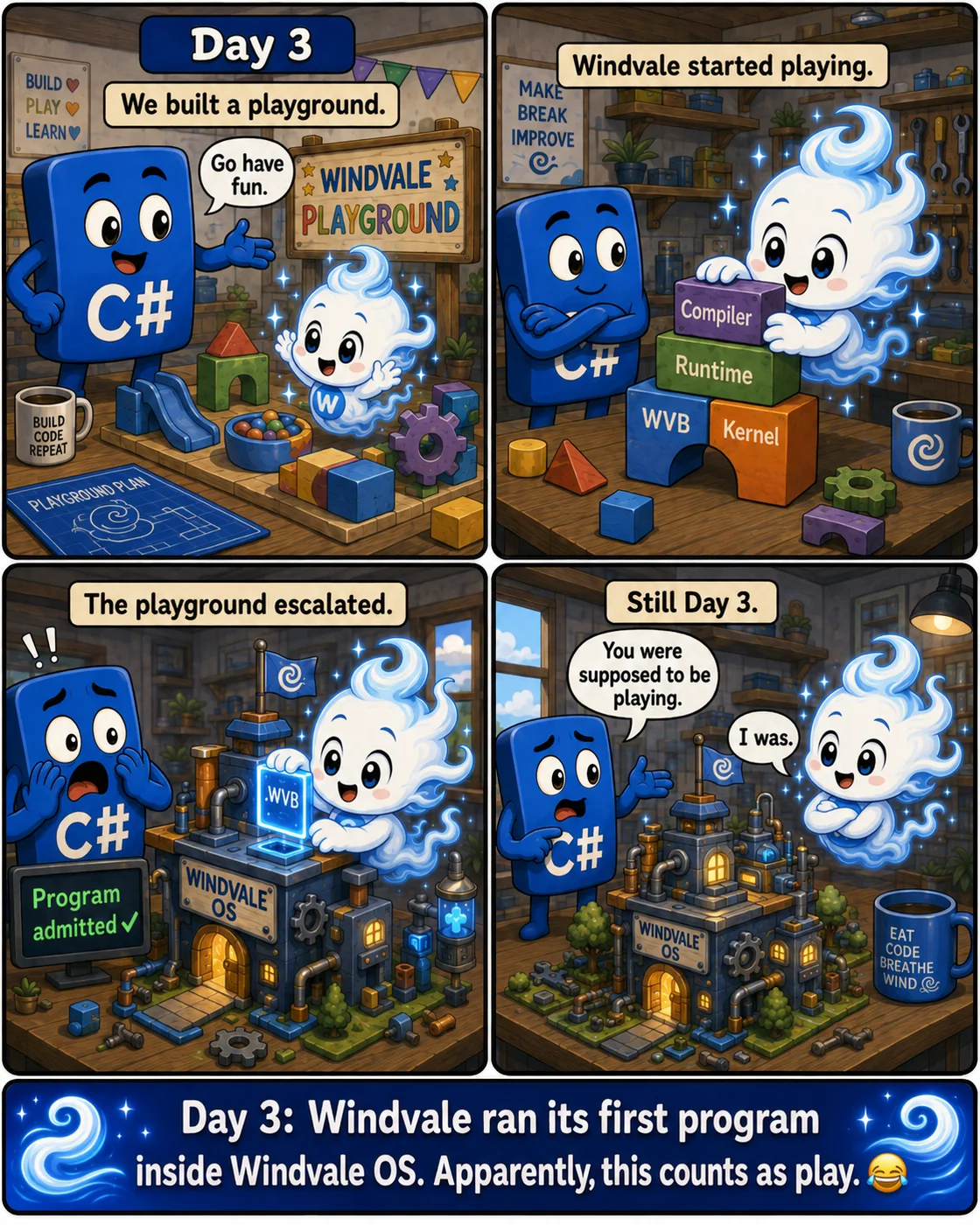 Four-panel Day 3 comic showing the Windvale playground growing into a Windvale OS machine that runs its first program.