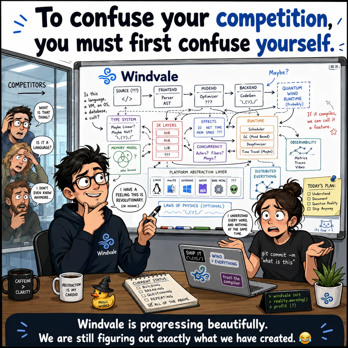Humorous Windvale project portrait with developers facing a whiteboard full of compiler, runtime, platform, and systems ideas.