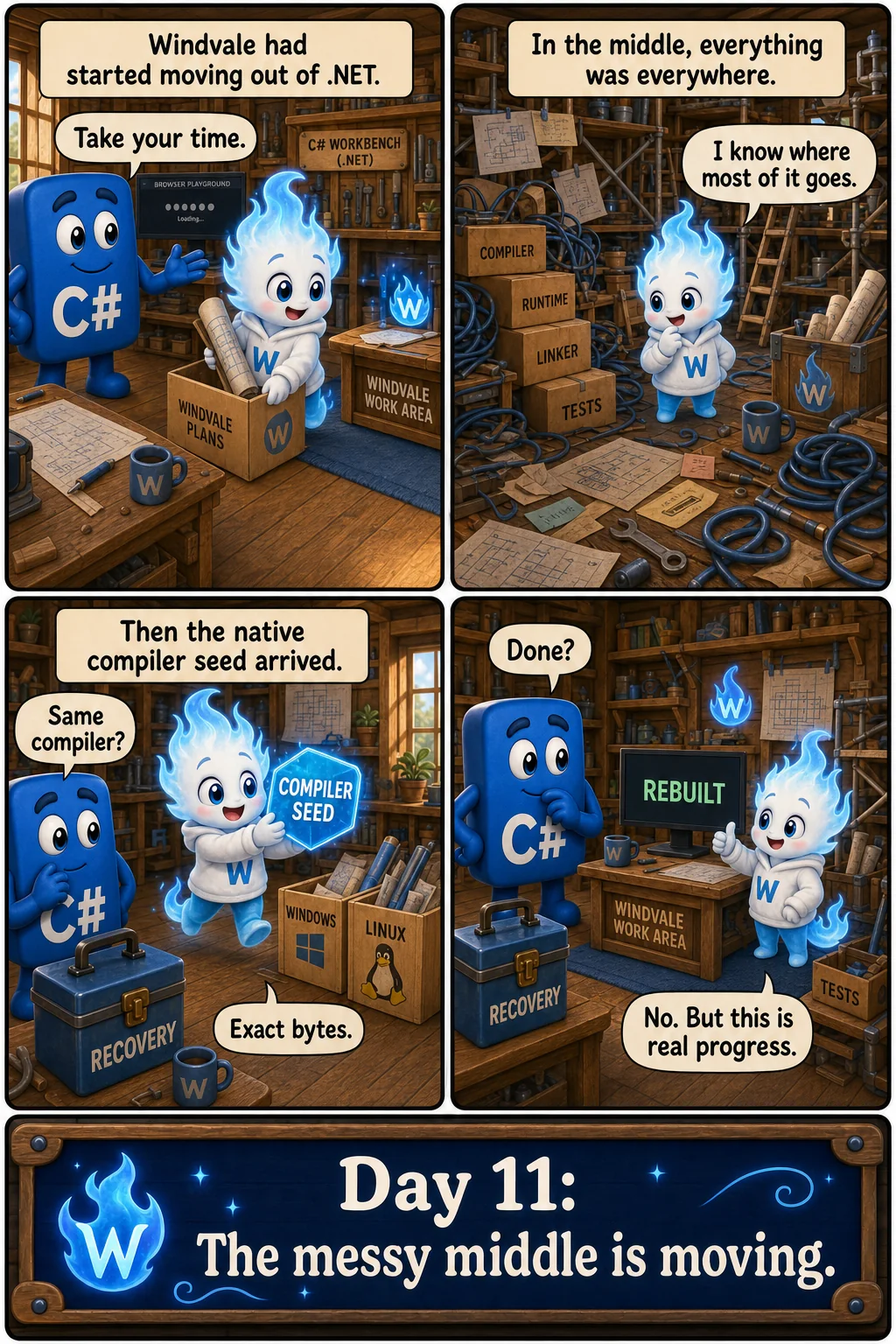 Four-panel Day 11 comic showing Windvale moving tools out of .NET through a cluttered workshop and celebrating the native compiler seed while C# keeps the recovery kit.