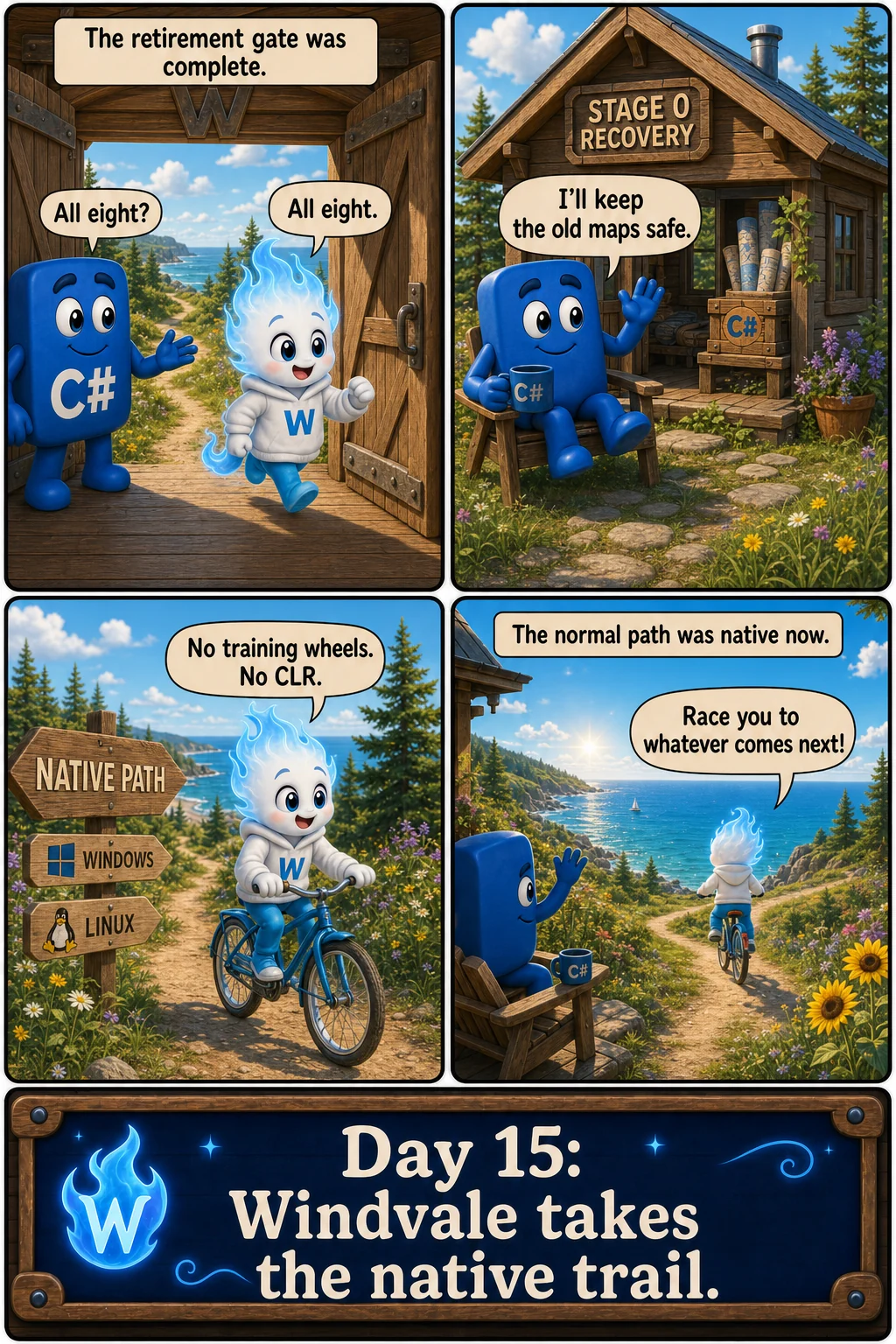 Four-panel Day 15 comic showing Windvale taking the native trail while C# keeps the archived maps safe at the Stage 0 recovery cabin.