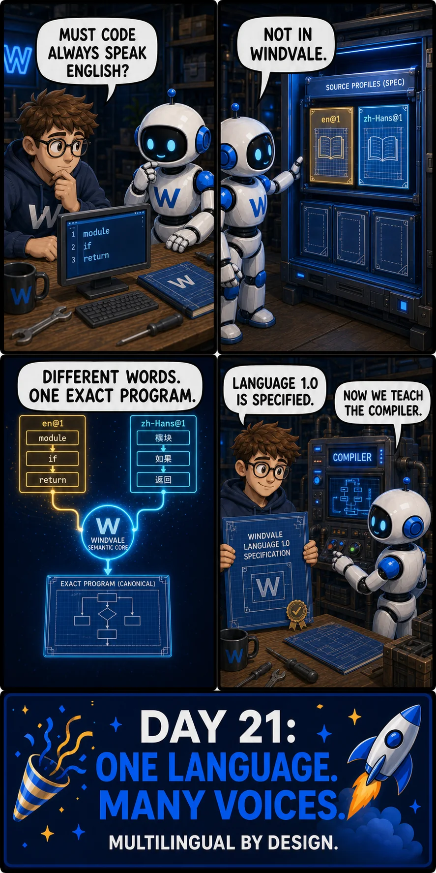Four-panel Day 21 comic showing Windvale Language 1.0's multilingual source-profile design converging on one exact program before compiler implementation.