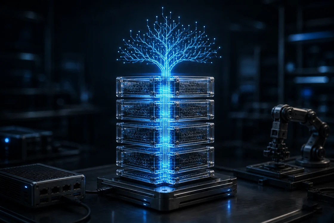 Five transparent computing modules joined by continuous blue circuitry, branching upward like a tree beside embedded hardware and an industrial robot arm.